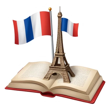 An icon featuring the flag of France, symbolizing the French language. The design includes an open book and the Eiffel Tower behind, representing language learning and cultural elegance. Transparent background highlights the beauty of French heritage. sticker