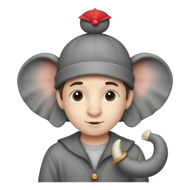 A boy that has a elephant hat that has a trunk sticker