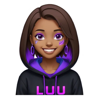 brown haired girl with a bob and blue eyes wearing black hoody with violet letters "Lu", laughs. Cyberpunk style. Violet neon. sticker