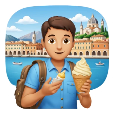 Italian tourist with backpack, eating gelato, looking at a city map sticker