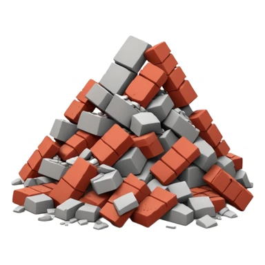 3D iPhone style emoji of a pile of bricks, roof pieces, and wall rubble, scattered and broken, isolated on white background, soft shadows, high detail, playful and cute sticker