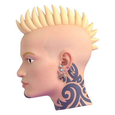 head of a white man with mohawk, earring, and head tattoo sticker
