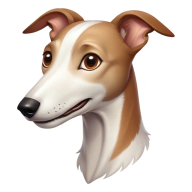 Cinematic Cute White and Brown Greyhound Portrait Emoji, Head tilted playfully and inquisitively, featuring a smooth white Fur with vibrant brown accents and round, sparkling eyes filled with curiosity, Simplified yet irresistibly adorable features, highly detailed, glowing with a warm, friendly glow, high shine, affectionate and nimble, stylized with a touch of whimsy, bright and endearing, soft glowing outline, capturing the essence of a mischievous yet loving racer, so playful it feels like it could sprint out of the screen and into your arms! sticker