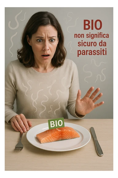 Donna tra i 30 e i 40 anni, seduta a tavola con espressione sorpresa e preoccupata mentre guarda un piatto elegante di salmone crudo etichettato 'BIO'. In trasparenza sopra il salmone si vedono parassiti intestinali stilizzati, come larve o vermi sottili, fluttuanti nell’aria. Accanto al piatto, una scritta fluttuante in stile etichetta rossa avverte: 'BIO non significa sicuro da parassiti'. Atmosfera visivamente pulita ma con tensione sottile, colori realistici con accento sul contrasto tra immagine 'salutare' e minaccia invisibile sticker