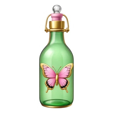 enhanced green bottle with more details and gold accents, pink butterflies, emoji style sticker