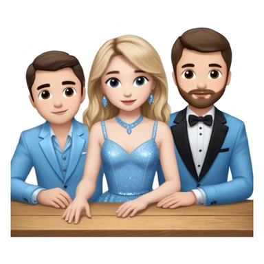 Sabrina carpenter in a light blue sparkly dress at a table with 3 handsome men, and she is standing up reaching over  sticker