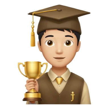 An asian man wearing student hat, holding a trophey sticker