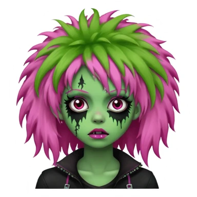 girl, green zombie,pink afro, long, emo, shaggy, dark, spooky,creepy expression sticker
