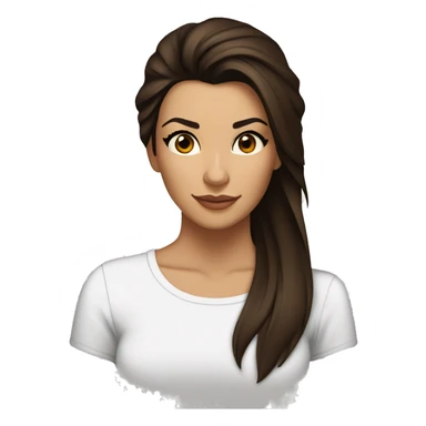 3/4 face, contrasted, shadow, light, Eva Longoria expression, thin nose, brunette woman, hazel eyes, long eyelashes, dark shoulder shaded hair, white t-shirt sticker