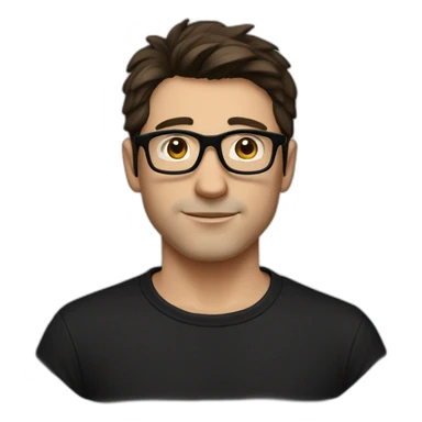 a slim white man with messy short dark brown hair, with a black t-shirt, black rectangular glasses sticker