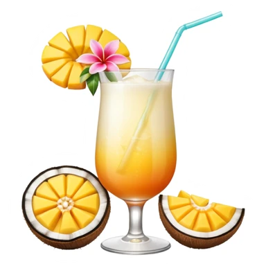 A beautiful cocktail with a creamy white to orange gradient, containing coconut juice and mango, reminiscent of summer. Above, there are tropical flowers, lemon slices, and a straws. sticker