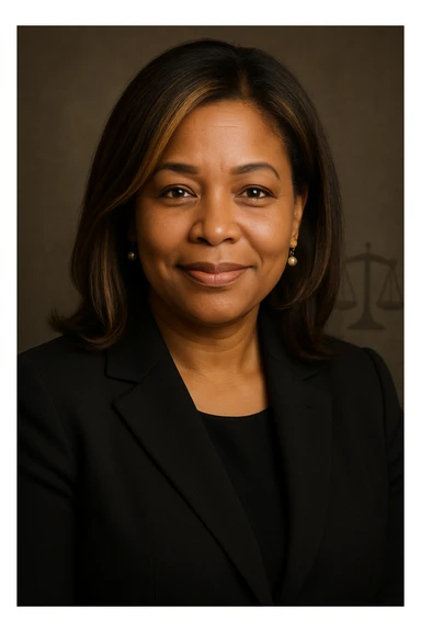 Black woman with blonde highlights and brunette hair, formal dark attire, expression of authority and warmth, light smile, confident gaze. Subtle justice symbol in the background. Maternal touch: delicate earrings or small pendant. sticker