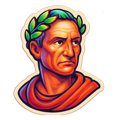 Julius Caesar as a retro sticker, Roman emperor, laurel crown, expressive face, retro sticker style sticker