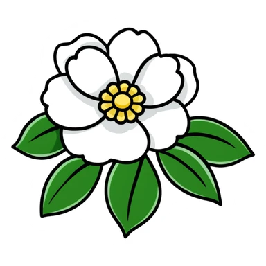 Elegant white camellia flower with symmetrical petals and rich green foliage sticker