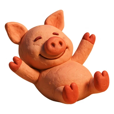 pig lying on its back, smiling, soft lighting, vibrant colors, claymation style sticker