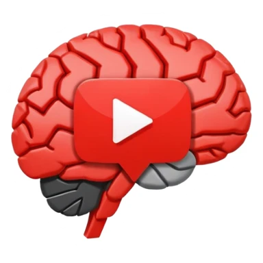 Minimalist flat icon design, brain silhouette with YouTube play button triangle integrated inside, clean vector style, single color or gradient, simple lines, professional logo style, white background, centered composition sticker