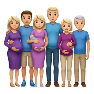 I want a couple with a wife that’s pregnant and then on the male side standing next to him is his family mom is sick the dad is fine  and his siblings and grandparents are okay smiling. sticker