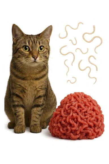 gatto stupendo e macinato di carne poco cotta a montagnetta stanno l'uno accanto all'altro con dei parassiti come la tenia che gli fluttuano intorno, iperrealistica 4k sticker
