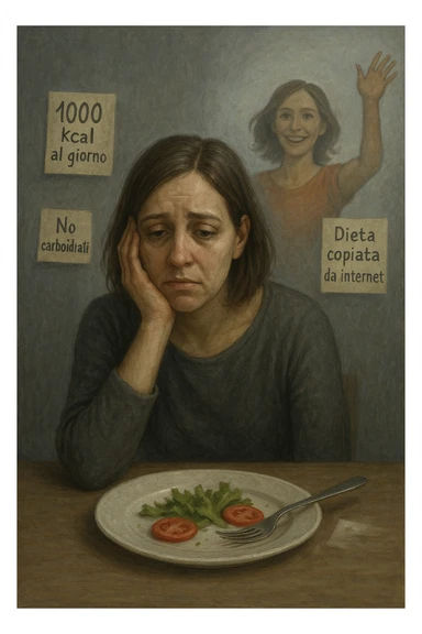 Donna tra i 30 e i 40 anni seduta a tavola, davanti a un piatto quasi vuoto con solo insalata e due fette di pomodoro. Il suo volto è visibilmente triste, stanco, con occhi spenti. Intorno a lei, foglietti attaccati con scritte come '1000 kcal al giorno', 'No carboidrati', 'Dieta copiata da internet'. L’atmosfera è fredda, grigia, priva di energia. Il suo corpo appare spento e scarico. Sullo sfondo, la sagoma di sé stessa più felice e piena di vitalità, come ricordo di un approccio migliore mai seguito. Stile realistico e simbolico sticker