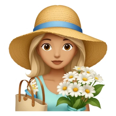 summer beautiful wicker hat next to it lies a beach beige bag and a bouquet of white flowers sticker