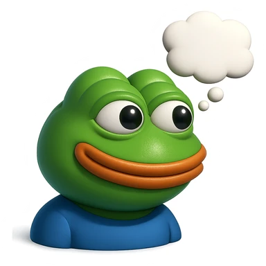 make a pepe in bright green smiling with thought bubble looking at right side in 3d style, good highlights and shadows, drop shadows sticker