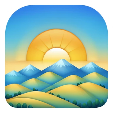 sun peeking above hills, early morning light, blue and yellow gradient sky sticker