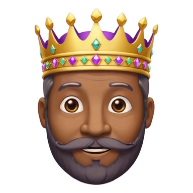 Create a cartoon-style emoji of Baltasar, one of the Three Wise Men. Only show his face and crown. He is older, with dark skin and a full black beard, joyful wrinkles, and a purple and gold jeweled crown. Express warmth, wisdom, and friendliness. Colorful and simple, suitable as an emoji. sticker