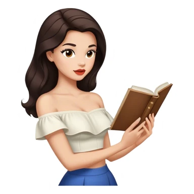 Beautiful woman in 1950’s woman fashion look, off-shoulder white shirts crop top, long dark brown hair, reading sticker