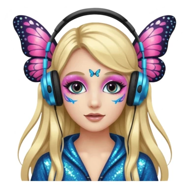 long haired make glitter makeup fairy wearing headpones wing butterfly wings  sticker