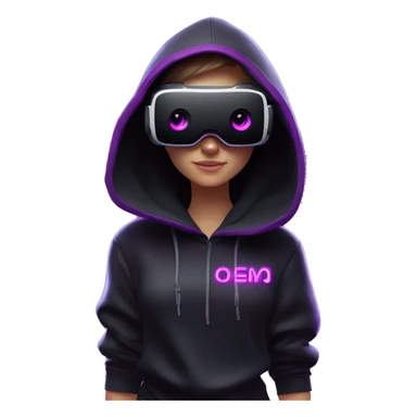 Russian girl wearing black hoody with violet letters "OMG", in vr headset oculus quest2. Standing like jedi. Cyberpunk style. Violet neon. sticker