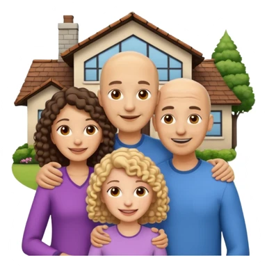 animated emoji style group selfie family of four in front of a house, dad bald South Asian medium light skin smiling, mom and older daughter curly hair pale skin American or Middle Eastern, younger daughter straight hair medium light skin South Asian, both sisters teenagers amused, parents smiling sticker