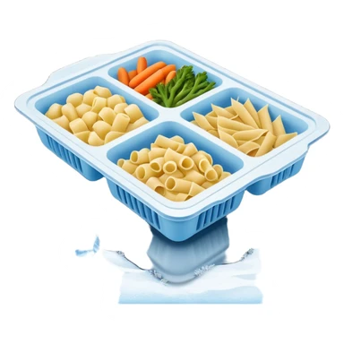 frozen food tray rectangular 2-3 compartments distinct frozen items pasta vegetables meat, frosty surfaces visible ice crystals muted colors firm uncooked texture dark simple tray no branding no utensils no packaging soft lighting emoji scale sticker