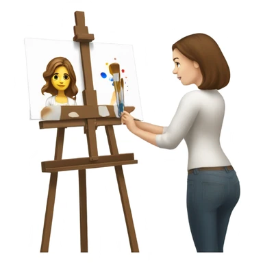 A female Caucasian brown haired artist, painting at an easel with Canvas on the easel sticker