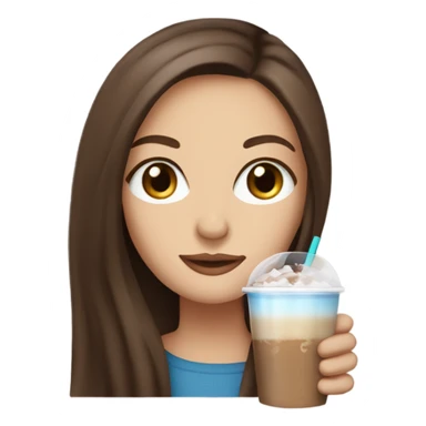 Beautiful woman, long straight brown hair, blue eyes, holding an iced latte sticker