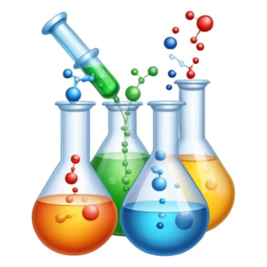 An icon featuring chemical flasks with tubes, representing hydrolysis, along with liquids, powders, and chemical formulas. The design includes molecules and reaction symbols, symbolizing the study of chemical processes and compounds. Transparent background highlights the science of reactions. sticker