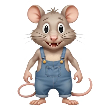  depressed disheveled dizzy cartoon hillbilly rat wearing overalls no shirt. standing and talking full body. human eyes. teeth showing talking. walking talking moving arms. angry expression sad sticker