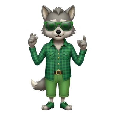 full-body friendly anthropomorphised wolf in green plaid shirt and green attire for St. Patrick's Day, wearing dark sunglasses, upright pose sticker
