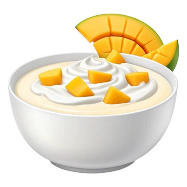 yogurt in a bowl with sliced mango pieces on top sticker