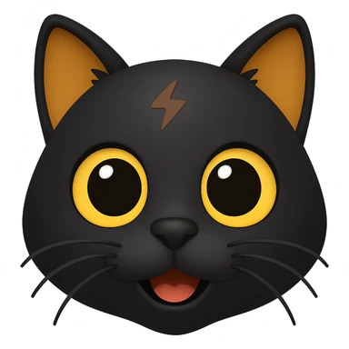 Make the black cat with big yellow eyes and thunder scar even cuter, emphasize big eyes, rounder face, playful expression, in the style of Emoji. Keep no background. sticker