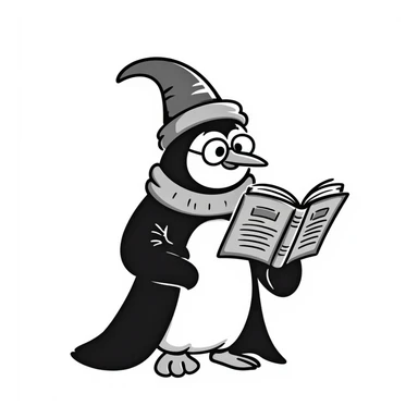 a wise penguin wizard with glasses, a long beard, and a book of spells, hand-drawn style sticker