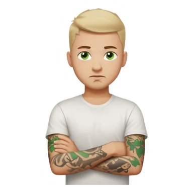 White young man with short dark taper fade hair cut and slight goatee and neutral expression with his arms folded. Green eyes and arm tattoos sticker