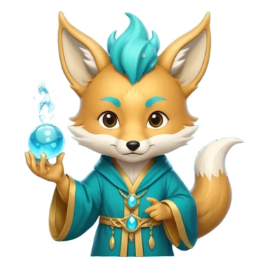 Chibi teal fox with small antler horns, confident magical expression, gold mark on forehead, teal-gold robe, holding glowing blue water orbs, with dragon tail with small antler horns sticker