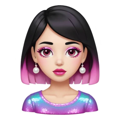 “black hair Emoji girl, glossy pink eyelids, ombré cherry lips, soft contour, subtle glitter under eyes, pearl hair clips, trendy hairstyle, iridescent modern top.” sticker