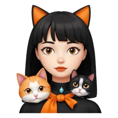 a girl with a short black curtain bangs hair and with her 2 cat color white black cat and orange white cat laying on her neck sticker