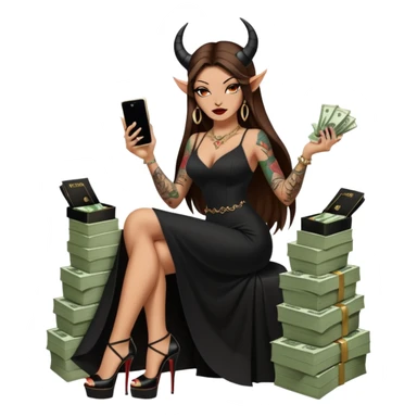 Sensual queen long brown straight haired mafia woman with black shiny platform high heels on her feet,  and black devil horns on her head, tattoos on arms , holding a stack of cash, has a phone in other hand. Sitting on a large big new model F350 pickup truck  long black dress with  slit sticker