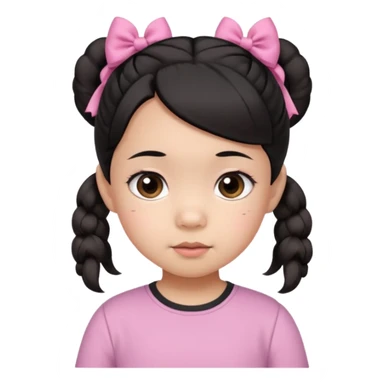 mixed 1 year old girl asian and american with short pigtails and cute bows i dark brown/black hair with big brown eyes emoji in a pink shirt sticker