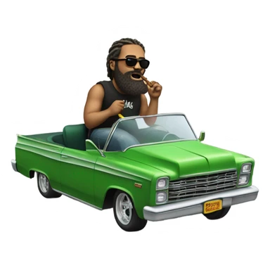 realistic portrait of bearded man puffing, big clouds while riding in a green Lowrider sticker