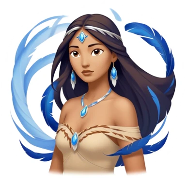Cinematic Elegant Pocahontas Portrait Emoji, Standing serenely with a blue wind swirl around her, soft feathers in her hair, a tranquil yet powerful gaze, beauty beyond time, an ethereal aura of connection with nature, regal and enchanting! sticker