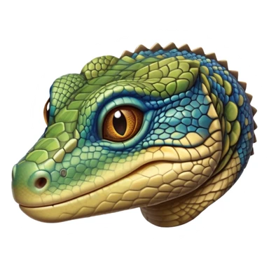 cinematic-realistic-cute-monitor-lizard-portrait-emoji,-head-tilted-playfully-and-inquisitively,-featuring-a-compact,-agile-body-with-finely-detailed,-glossy-scales-in-earthy-olive-hues-and-a-distinct,-alert-face-with-bright,-curious-eyes, blue , brown spotted and green multi coloured  scales sticker