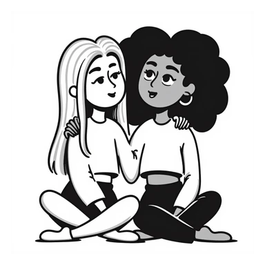 Full body of two teenage girls sitting together as friends, one white with straight blonde hair and one brown-skinned with curly black hair, both with heavy makeup, big lips, tight crop tops, hoop earrings, choni style urban clothing sticker
